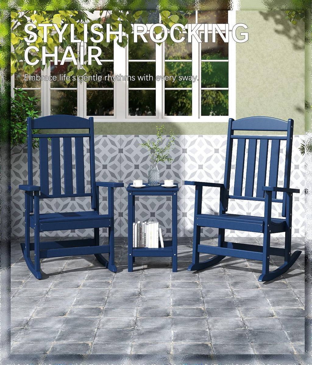 FOOWIN 3-Piece Outdoor Rocking Chairs Set, High Back Patio Rocker with Side Table, HDPE All Weather Resistant Oversized Rocking Chairs for Indoors, Porch, Patio, Backyard, Navy Blue