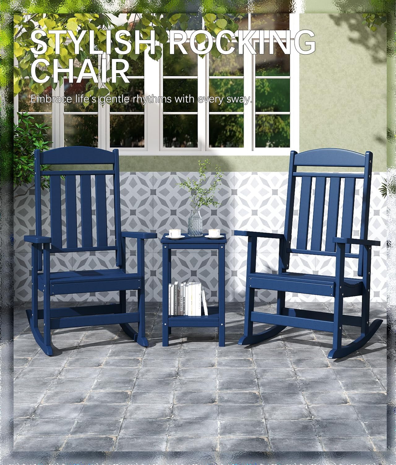 FOOWIN 3-Piece Outdoor Rocking Chairs Set, High Back Patio Rocker with Side Table, HDPE All Weather Resistant Oversized Rocking Chairs for Indoors, Porch, Patio, Backyard, Navy Blue