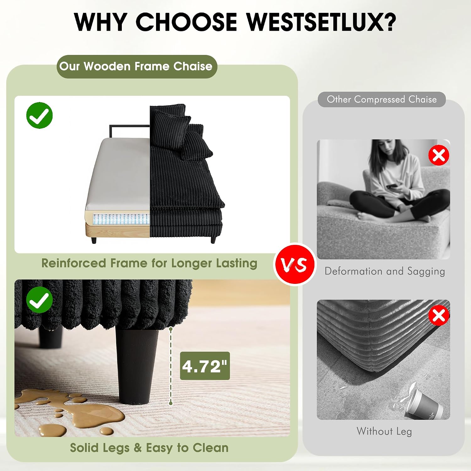 WESTSETLUX 54.8' W Oversized Chaise Lounge Chair Indoor with 5-Position Adjustable Backrest, Corduroy Sleeper Sofa Bed with 3 Pillows, Modern Cloud Couch Chair for Living Room, Bedroom, Black