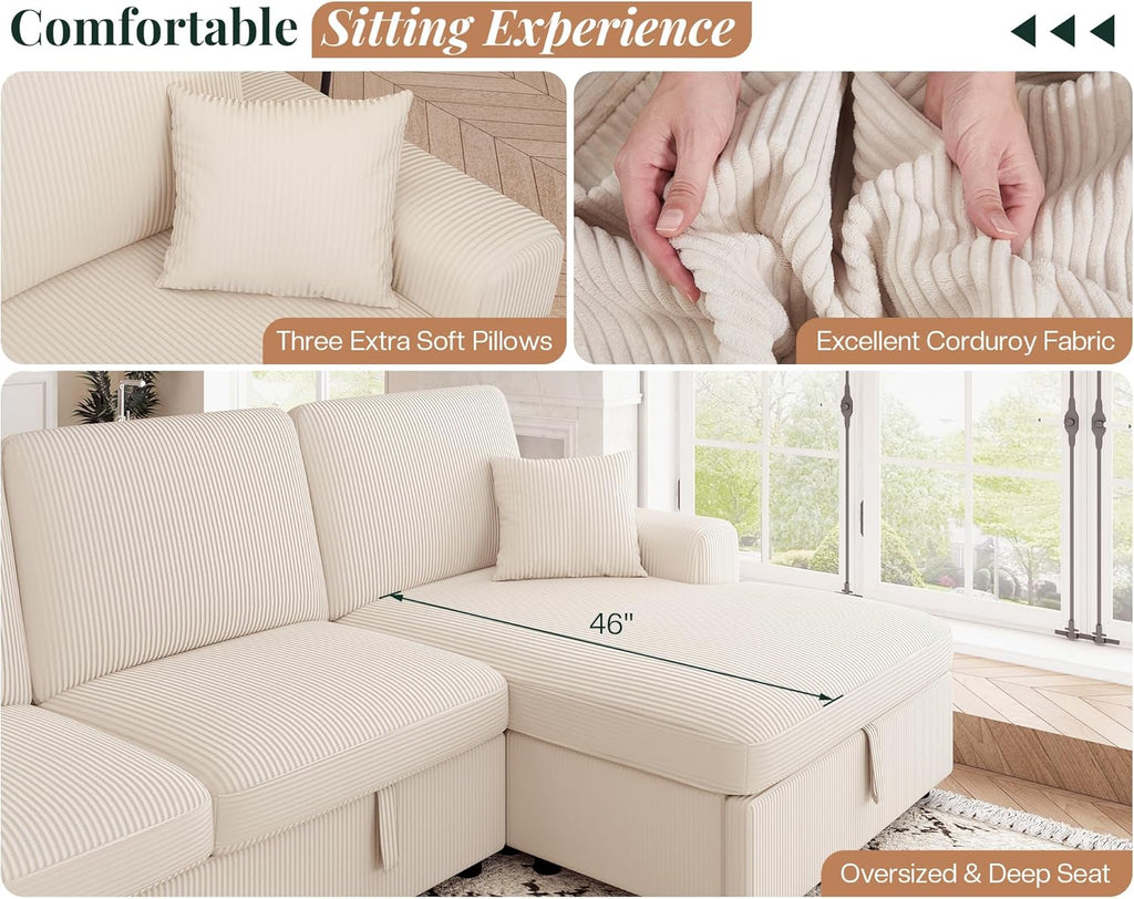 Jocisland 130' Sofa Bed, Sleeper Sofa, Pull Out Sleeper Couch with Storage, Convertible 6-Seater Sofa Bed for Living Room, Corduroy Beige