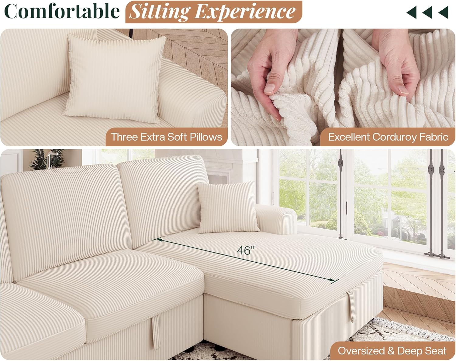 Jocisland 130' Sofa Bed, Sleeper Sofa, Pull Out Sleeper Couch with Storage, Convertible 6-Seater Sofa Bed for Living Room, Corduroy Beige