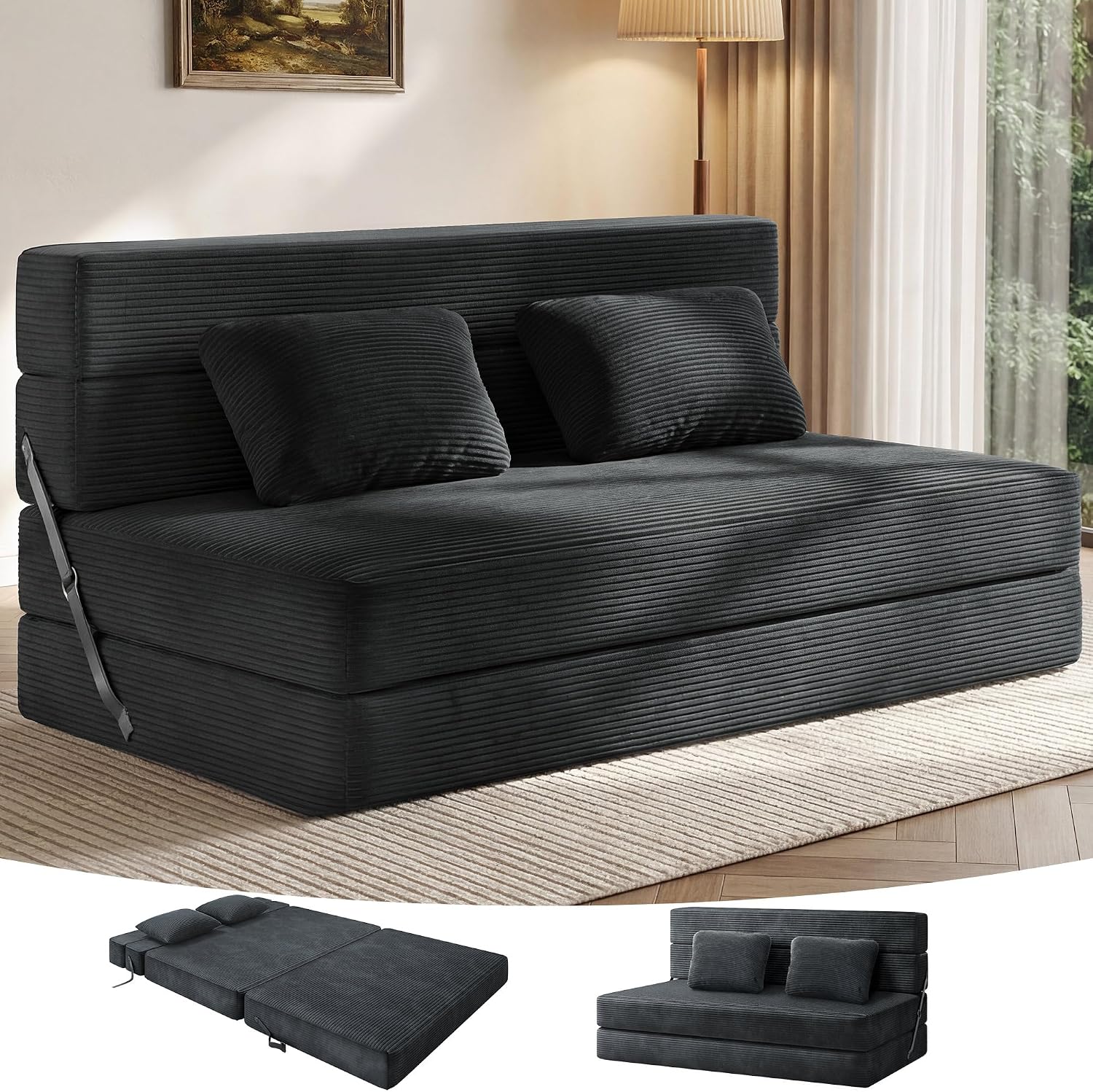 YITAHOME Convertible Sofa Bed, Floor Futon Couch with Corduroy Cover & High-Density Memory Foam, Folding Chair Bed for Dorms Guest Room and Apartment, Queen Size, Black