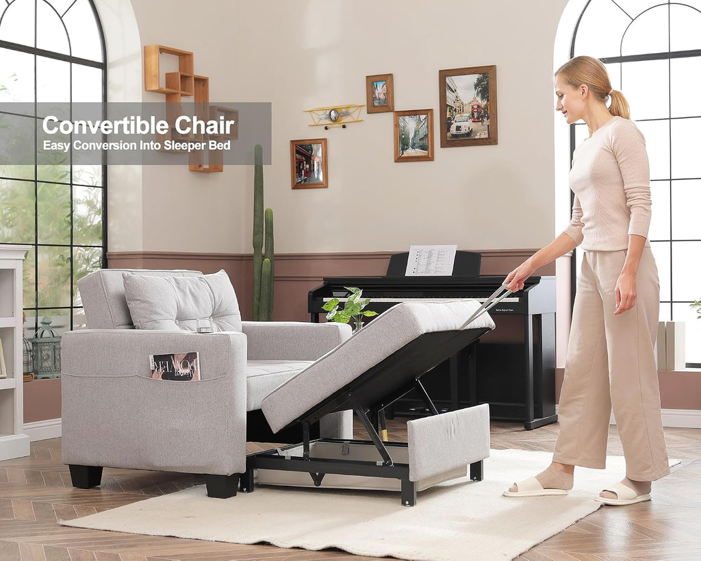 DURASPACE Pull Out Sofa Bed 3-in-1 Convertible Sofa Sleeper Chair Bed with USB, Cup Holder, Adjustable Armchair Beds for Small Spaces, Apartment, Living Room, Office (Light Gray Linen)