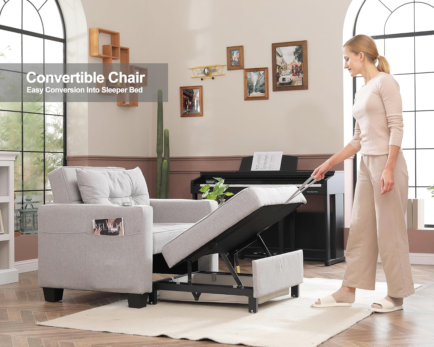 DURASPACE Pull Out Sofa Bed 3-in-1 Convertible Sofa Sleeper Chair Bed with USB, Cup Holder, Adjustable Armchair Beds for Small Spaces, Apartment, Living Room, Office (Light Gray Linen)