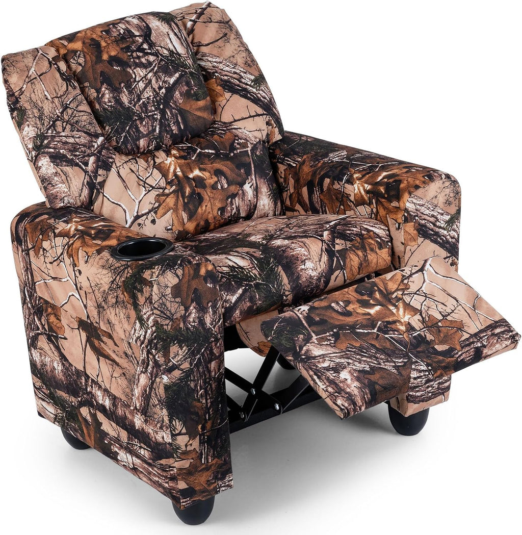 GLACER Kids Recliner with Cup Holder, Velvet Toddler Lounge Chair w/Adjustable Backrest & Footrest, Spring-Loaded Seat Cushion, Push Back Toddler Sofa for Boys & Girls Ages 3+ Years Old (Camouflage)