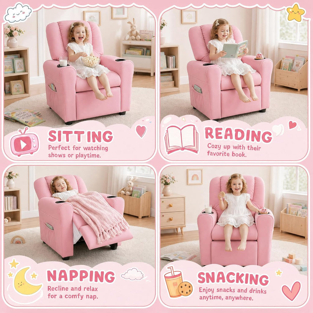 Candy Kids Reclining Chair Leather Recliner Sofa Push Back Toddler Youth Children Child Ages 1-6