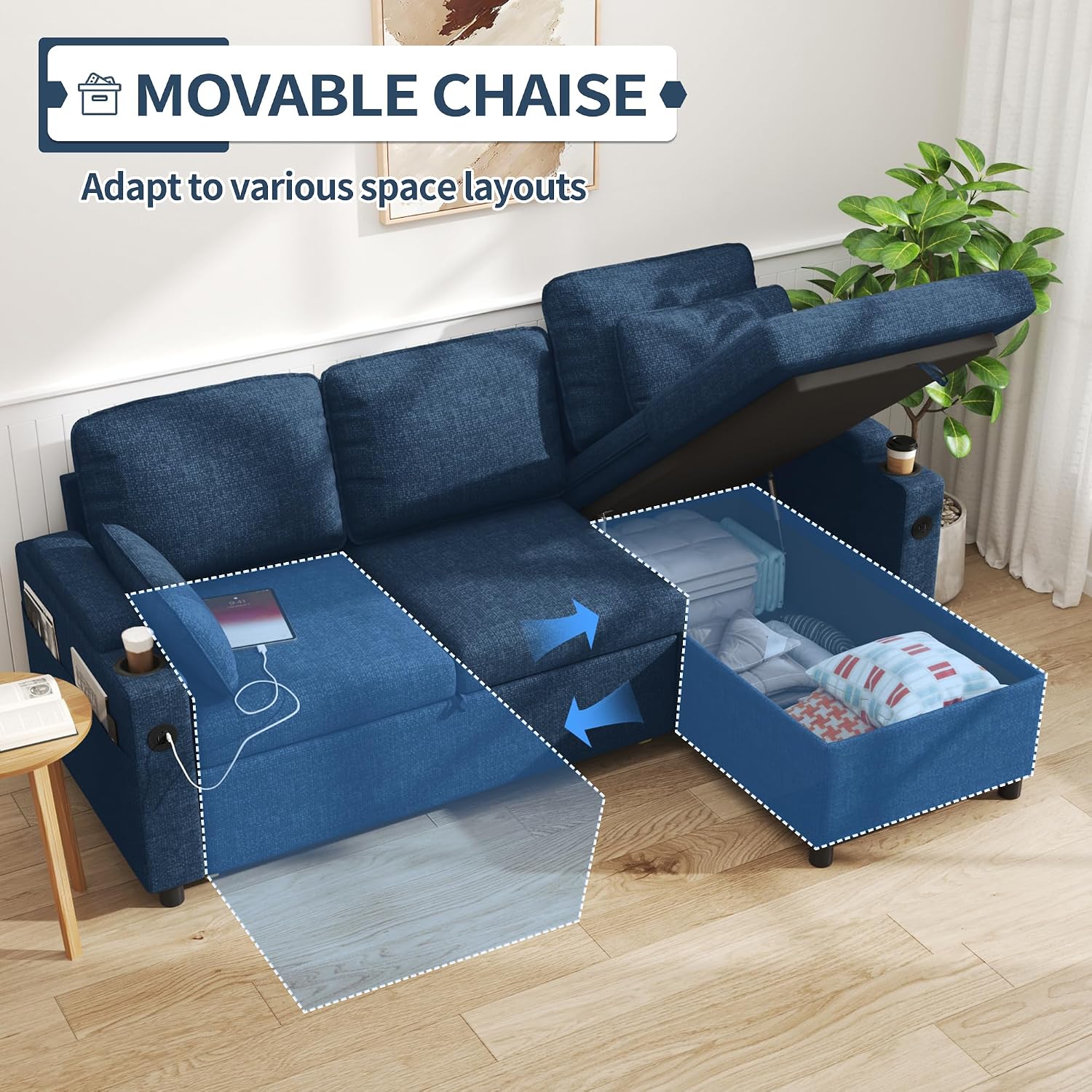 DURASPACE Sleeper Sofa Bed Pull Out Couch 2 in 1 Convertible Sofa Sleeper with Storage, L Shaped Sectional Couch Bed for Small Spaces Living Room Bedroom Apartment (Blue)