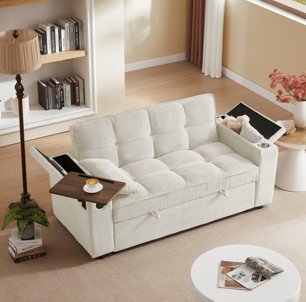 oaaktu ﻿ Large Size Convertible Sleeper Sofa Bed,Polka dot Velvet Pull Out Futon Couch with Storage handrails & Rotating Side Tables,Convertible Sofa Couch for Living Room,RV (Beige)