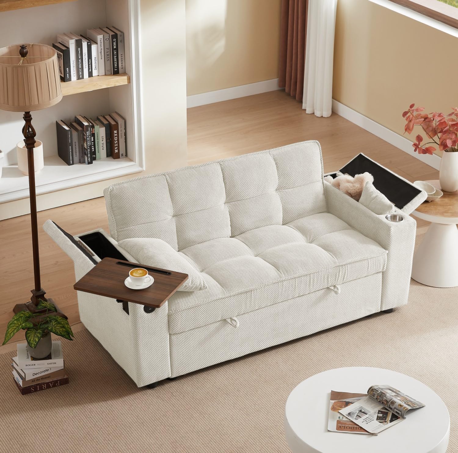 oaaktu ﻿ Large Size Convertible Sleeper Sofa Bed,Polka dot Velvet Pull Out Futon Couch with Storage handrails & Rotating Side Tables,Convertible Sofa Couch for Living Room,RV (Beige)