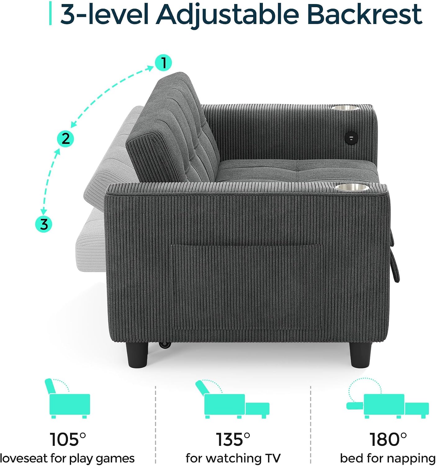 LINSY Sleeper Sofa Bed, 54' Pull Out Couch with Charging Station & Cup Holder, Small 3 in 1 Convertible Loveseat Sleeper Couch for Apartment, Dorm Room, Bedroom and Small Space, Corduroy Gray