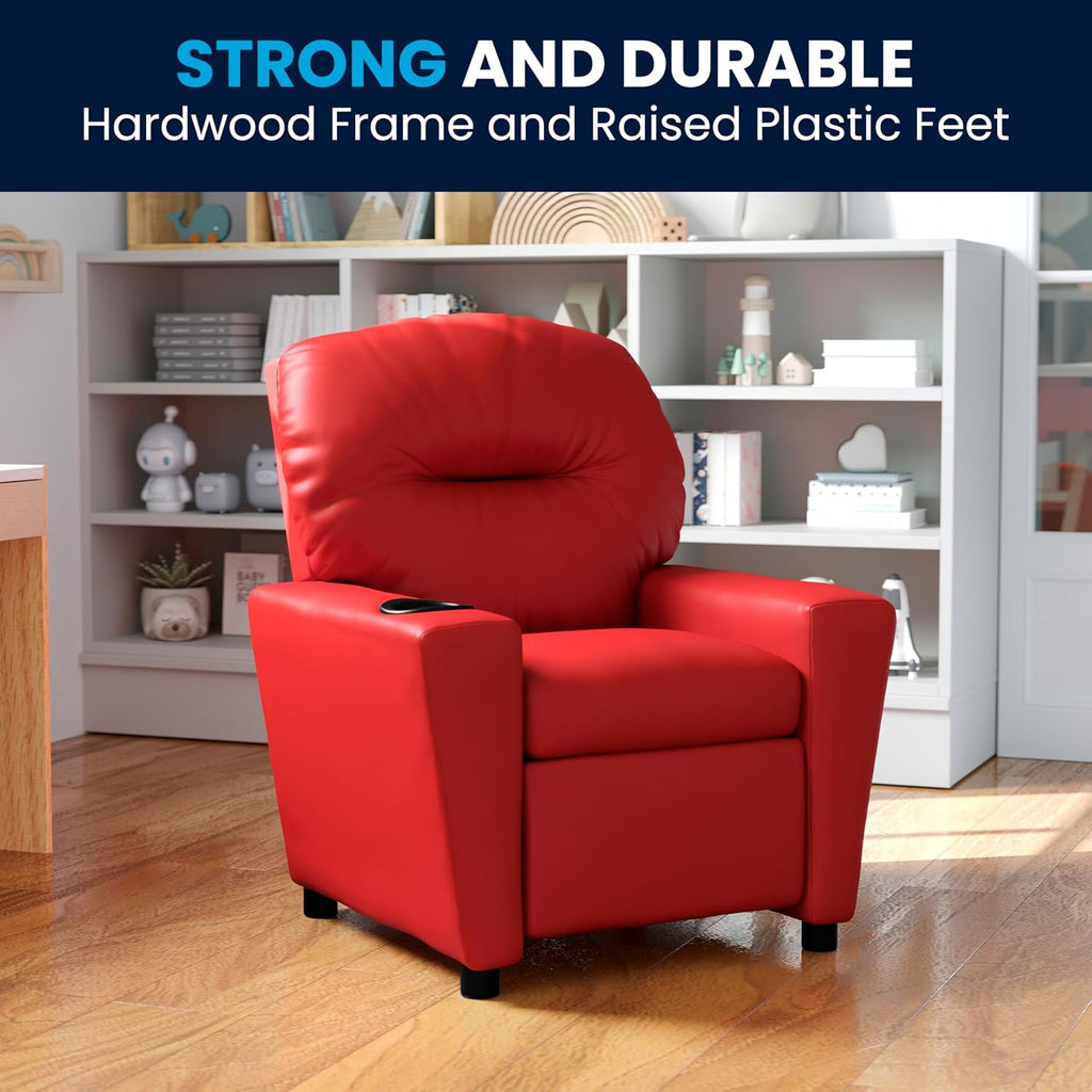 Flash Furniture Chandler Vinyl Kids Recliner with Cup Holder and Safety Recline, Contemporary Reclining Chair for Kids, Supports up to 90 lbs., Red