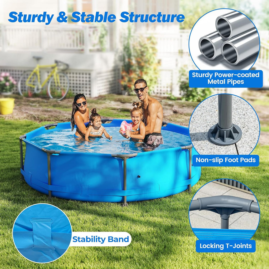 Goplus Above Ground Swimming Pool, 10' x 10' x 30'' Metal Frame Family Pool Set w/PVC Fabric, 3 Stoppers, Drainage Valve Connector, for Outdoor, Backyard, Garden, Patio (10' Round, 1158 Gal, Blue)