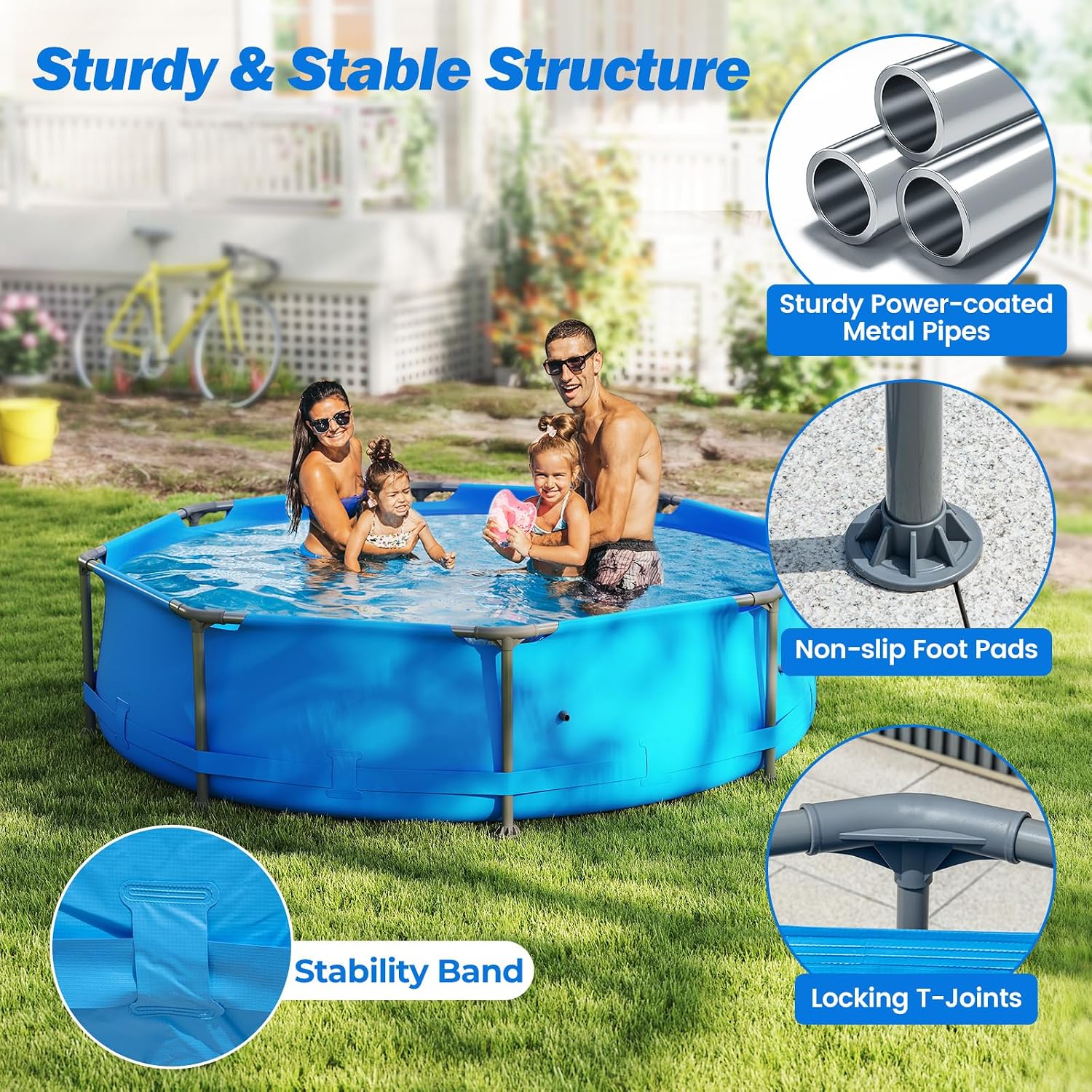 Goplus Above Ground Swimming Pool, 10' x 10' x 30'' Metal Frame Family Pool Set w/PVC Fabric, 3 Stoppers, Drainage Valve Connector, for Outdoor, Backyard, Garden, Patio (10' Round, 1158 Gal, Blue)