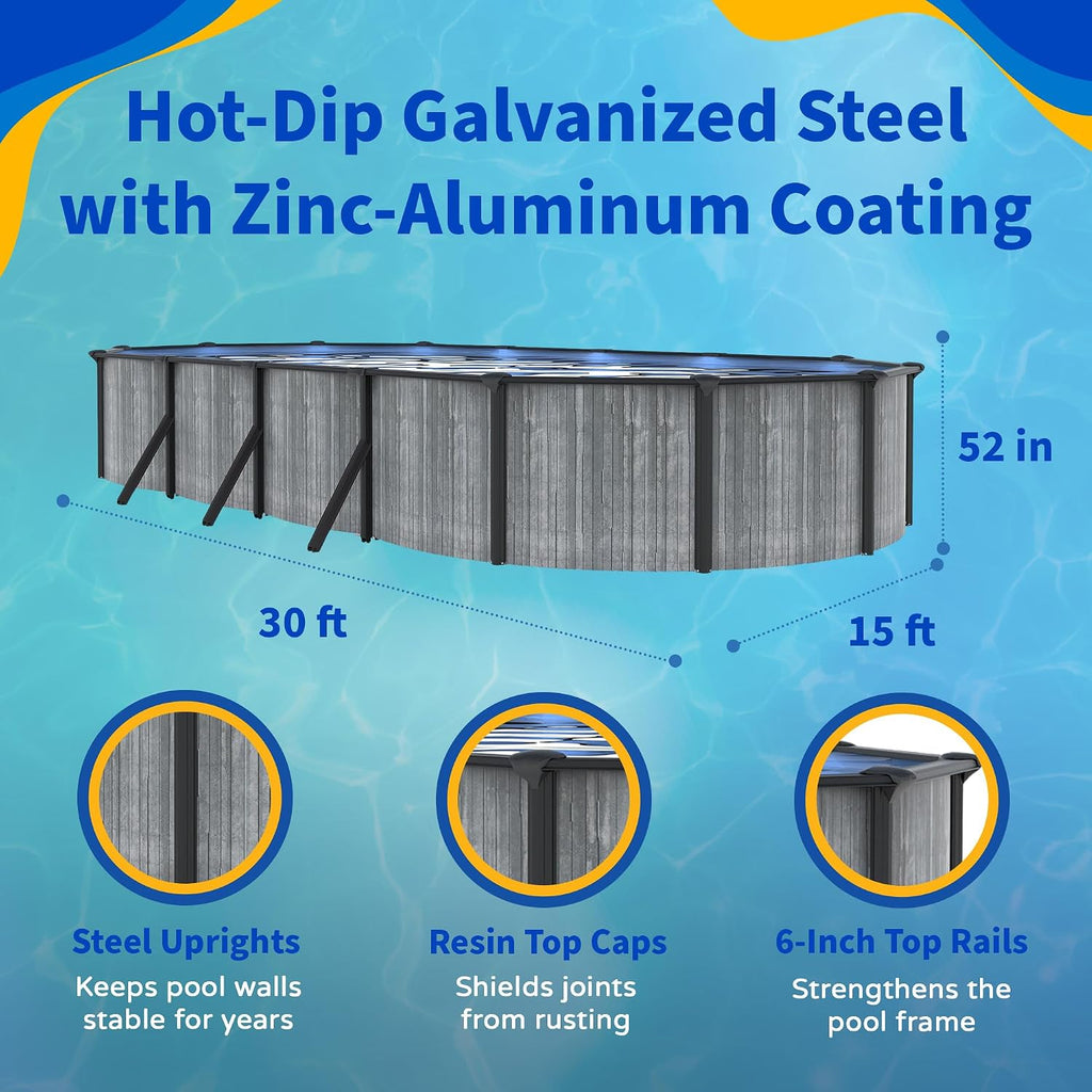 Blue Wave San Pedro 15x30-ft Oval 52-in Deep 6-in Top Rail Above Ground Steel Wall Swimming Pool Package