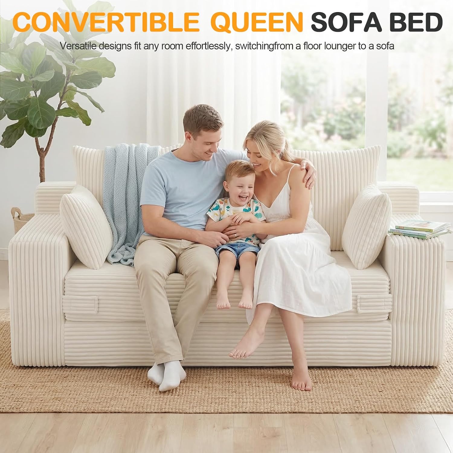 Oversize Loveseat Boneless Convertible Sofa Bed, Folding Floor Futon Sleeper Sofa Queen Size Couch Bed- Boneless Foldable Couch, Corduroy Pull Out Sofa Bed with 5 Pillows for Living Room & Bedroom