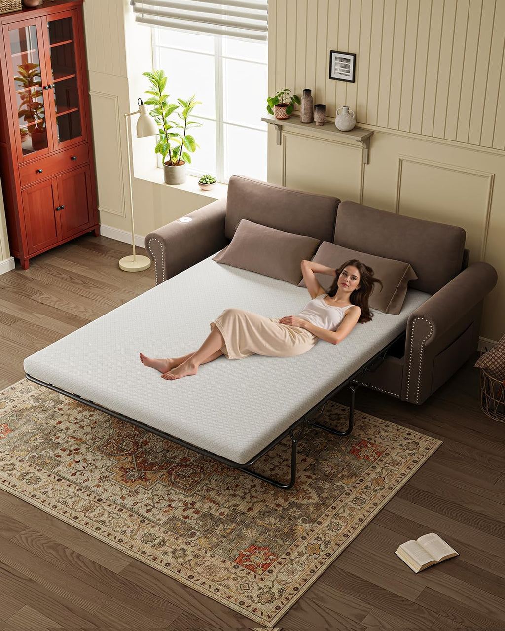 Queen Pull Out Sofa Bed | 83' Large Sleeper Sofa with Queen Size Mattress | 2-in-1 Convertible Loveseat Sofa-Bed with USB Ports Side Pockets Brown