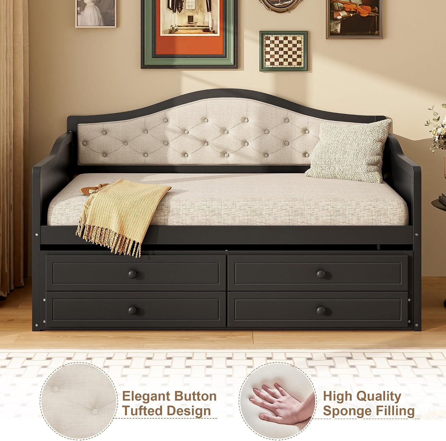 Merax Twin Daybed with Trundle and 2 Storage Drawers, Wooden Sofa Bed Twin Bed Frame with Upholstered Button Tufted Backrest for Living Room, Bedroom, Guest Room (Black)
