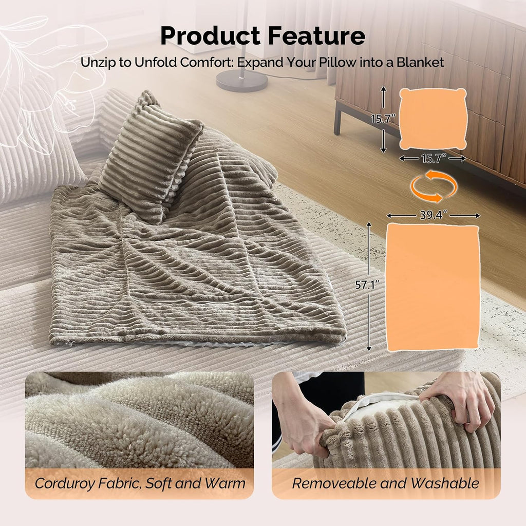 VINGLI Convertible Futon Sofa Bed, Upholstered Corduroy Boneless Couch King Size Floor Loveseat Sleeper Sofa with 2-in-1 Throw Pillow & Blanket Couches for Living Room, Bedroom, Lounge, Gray