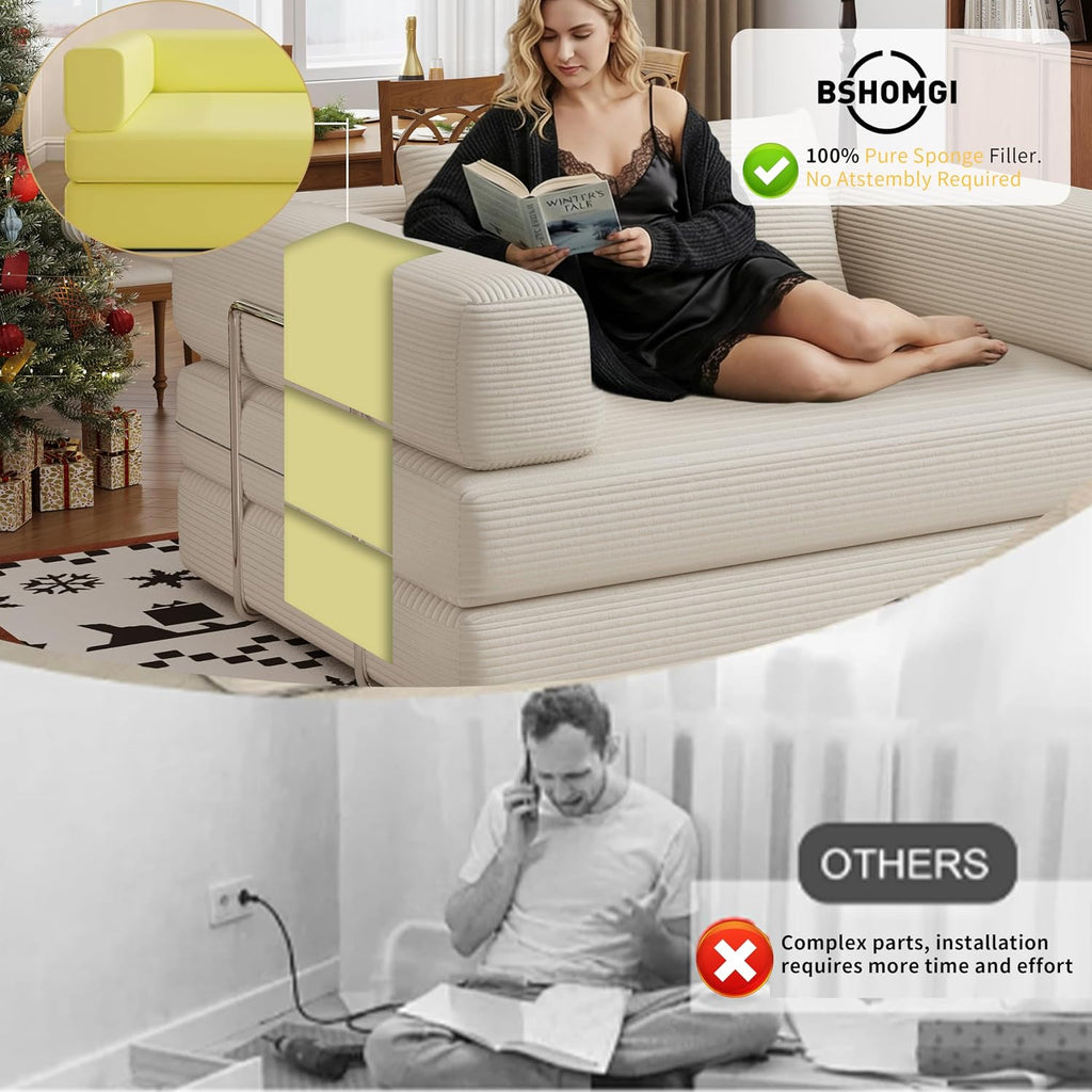 BSHOMGI 4 in 1 Futon Sofa Bed Queen Size - Foldable Convertible Sleeper Sofa Couch, Removable Washable Corduroy Cover, Space Saving Floor for Living Room (Beige, 53.15' Double Sofa)