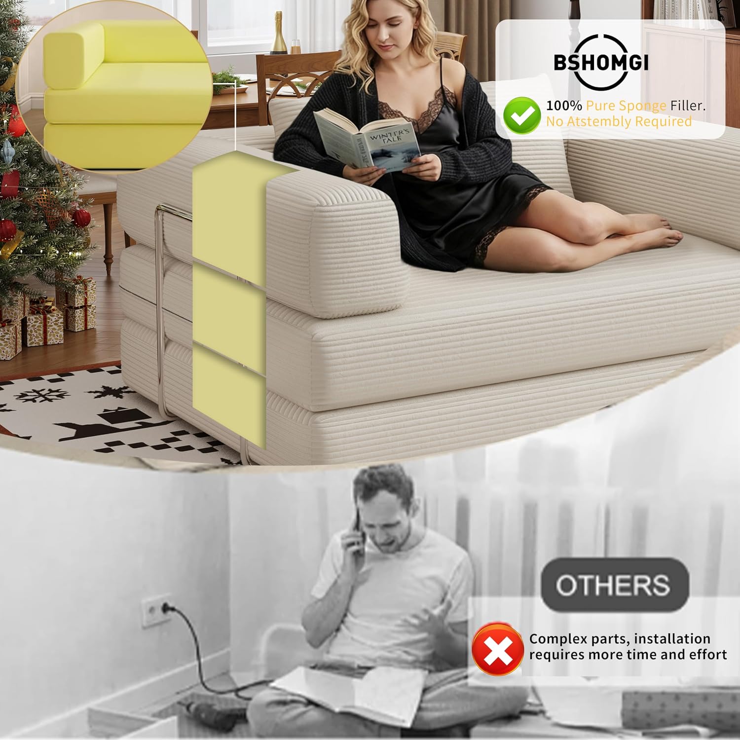 BSHOMGI 4 in 1 Futon Sofa Bed Queen Size - Foldable Convertible Sleeper Sofa Couch, Removable Washable Corduroy Cover, Space Saving Floor for Living Room (Beige, 53.15' Double Sofa)