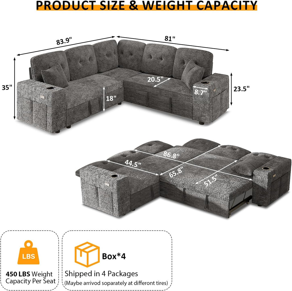Modular Sectional Sleeper Sofa Bed, 4-in-1 Pull Out Couch Bed with Adjustable Backrest | Hidden Storage | Wide Armrest | Charging, 5-Seat Sectional Couches for Living Room, Grey Chenille