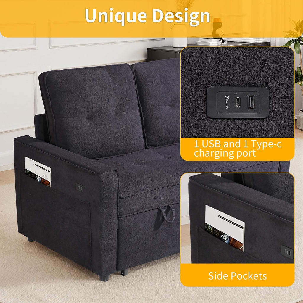 EJUNQ Pull Out Couch, Convertible Sofa Bed with USB and Reclining Backrest, Modern 3 in 1 Sleeper Sofa Couch Bed with Side Pockets, Comfortable Loveseat Sleeper for Small Spaces.(Black)