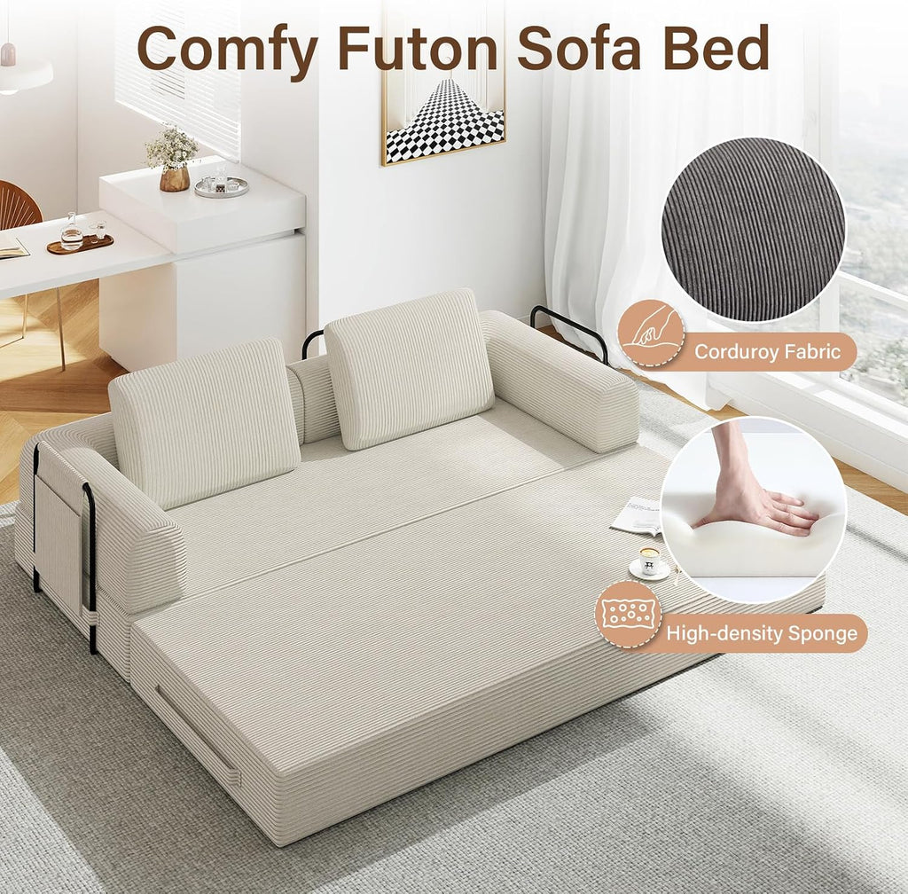 78'' Sleeper Couch Bed for Living Room, Convertible Modular Sofa with Fixed Frame and Side Pocket, Corduroy Futon Boneless Couches in a Box, No Assembly, Beige