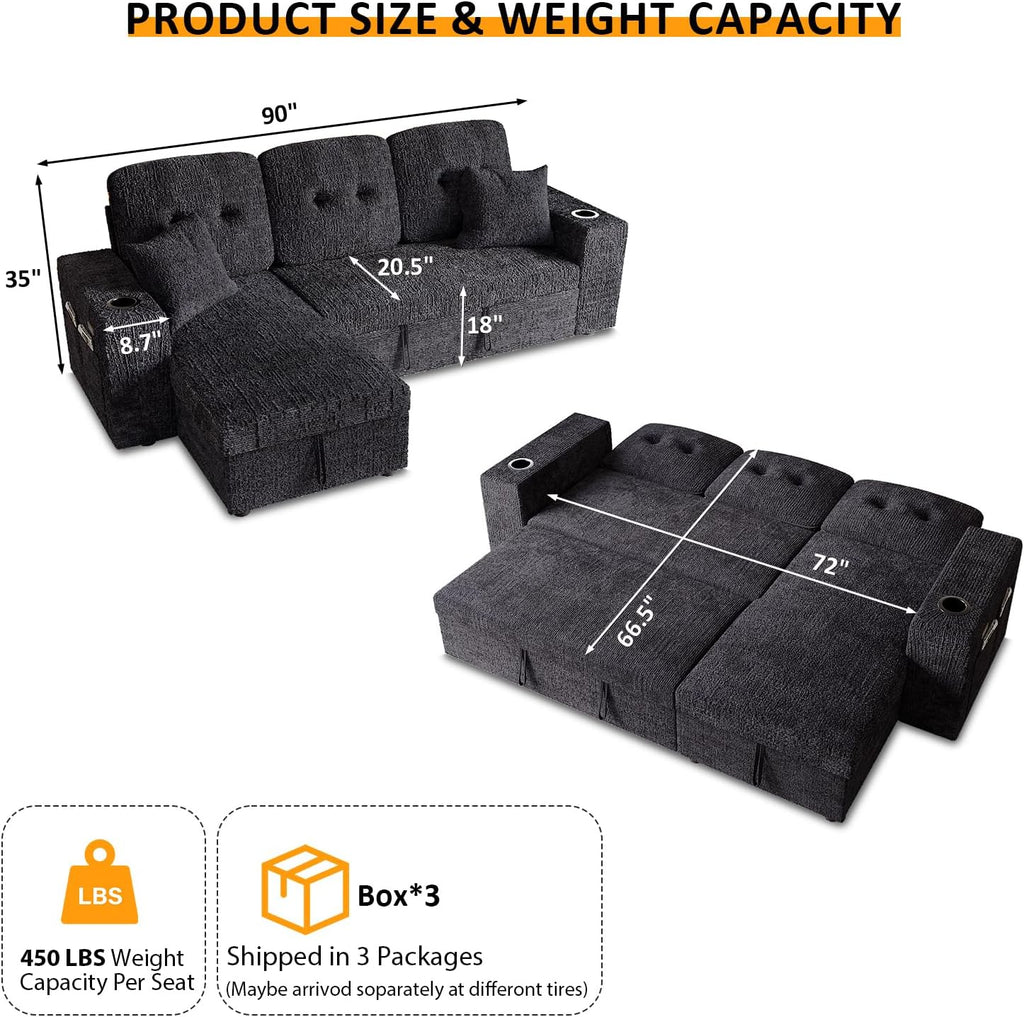 90 Inch Sleeper Sofa Bed, 4 in 1 Pull Out Couch Bed with Adjustable Backrest | Reversible Storage Chaise | Wide Armrest | Tool Free Assembly, Sectional Couches for Living Room, Black Chenille