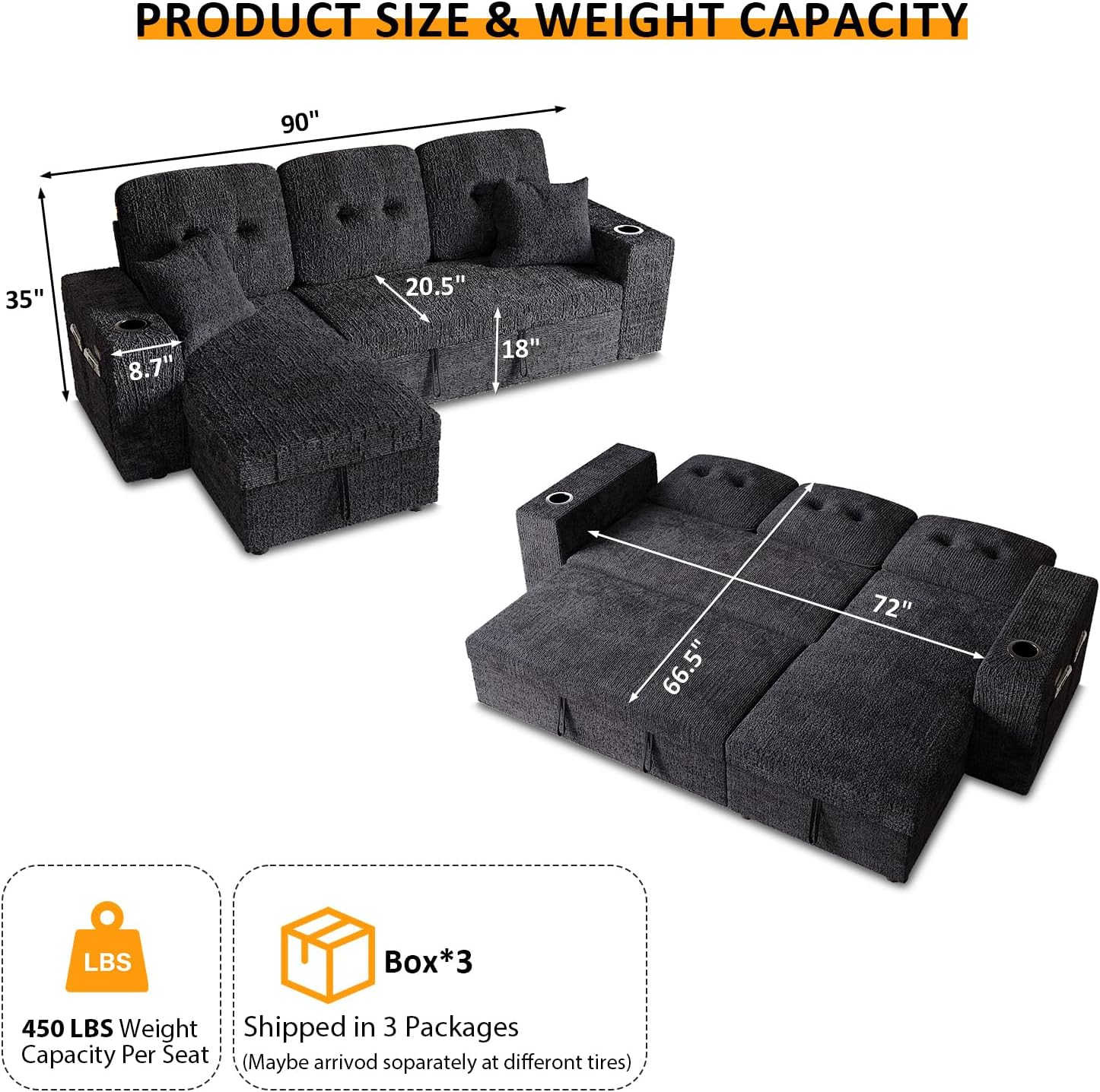 90 Inch Sleeper Sofa Bed, 4 in 1 Pull Out Couch Bed with Adjustable Backrest | Reversible Storage Chaise | Wide Armrest | Tool Free Assembly, Sectional Couches for Living Room, Black Chenille