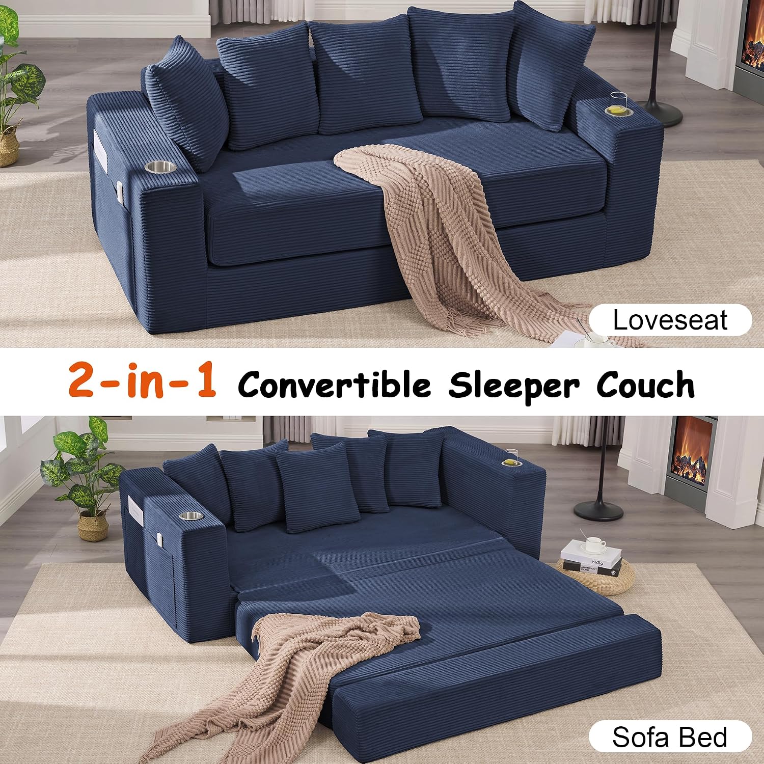 76' Convertible Sofa Bed, 2-in-1 Boneless Sleeper Sofa with Cup Holder & Pocket, Corduroy Pull Out Couch with 5 Pillows, Couch Bed for Living Room, Small Spaces, Bedroom, No Assembly