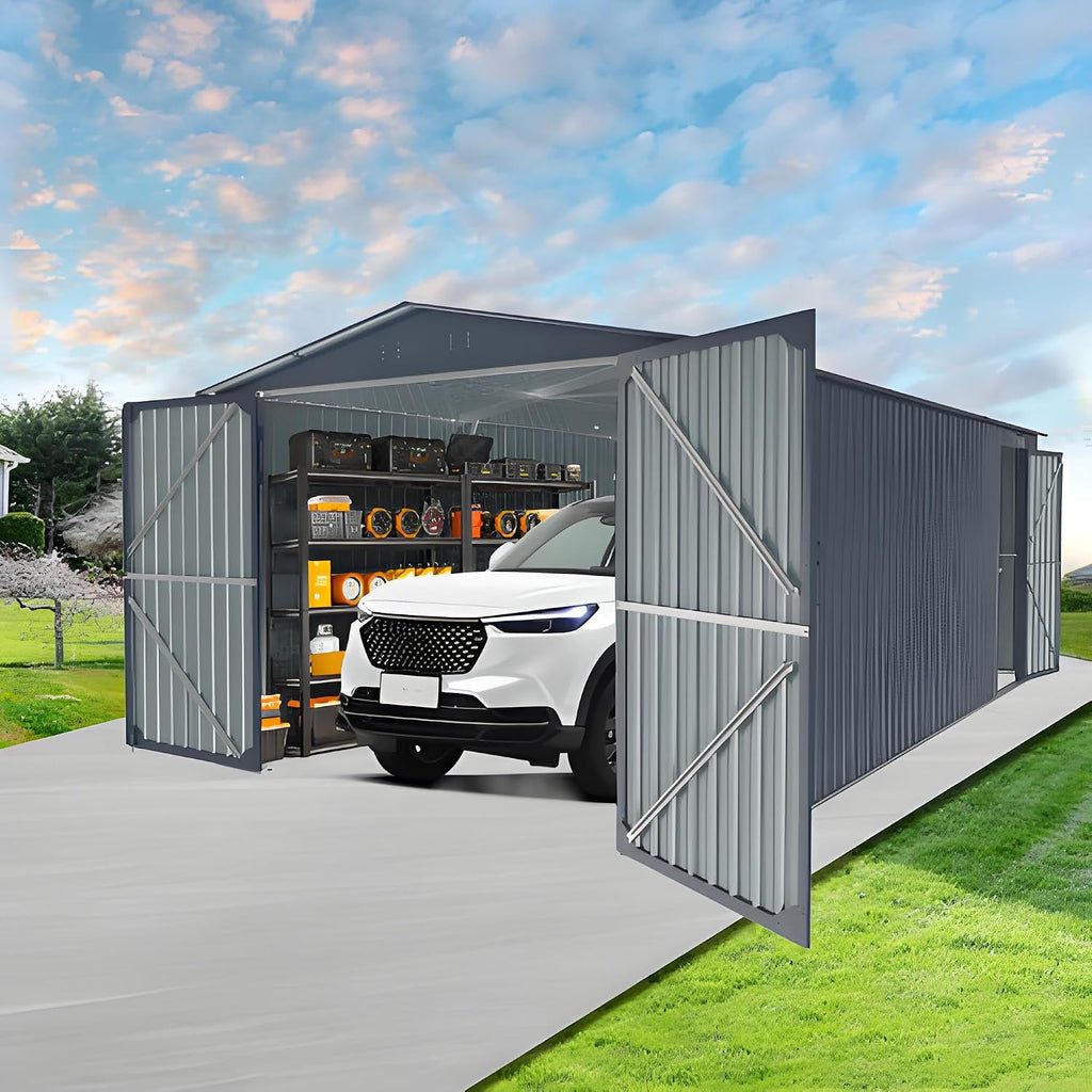 Metal Sheds, Outdoor Storage Shed, Large Metal Garage Shed with 2 Doors and 4 Vents, 13x20ft Dark Gray