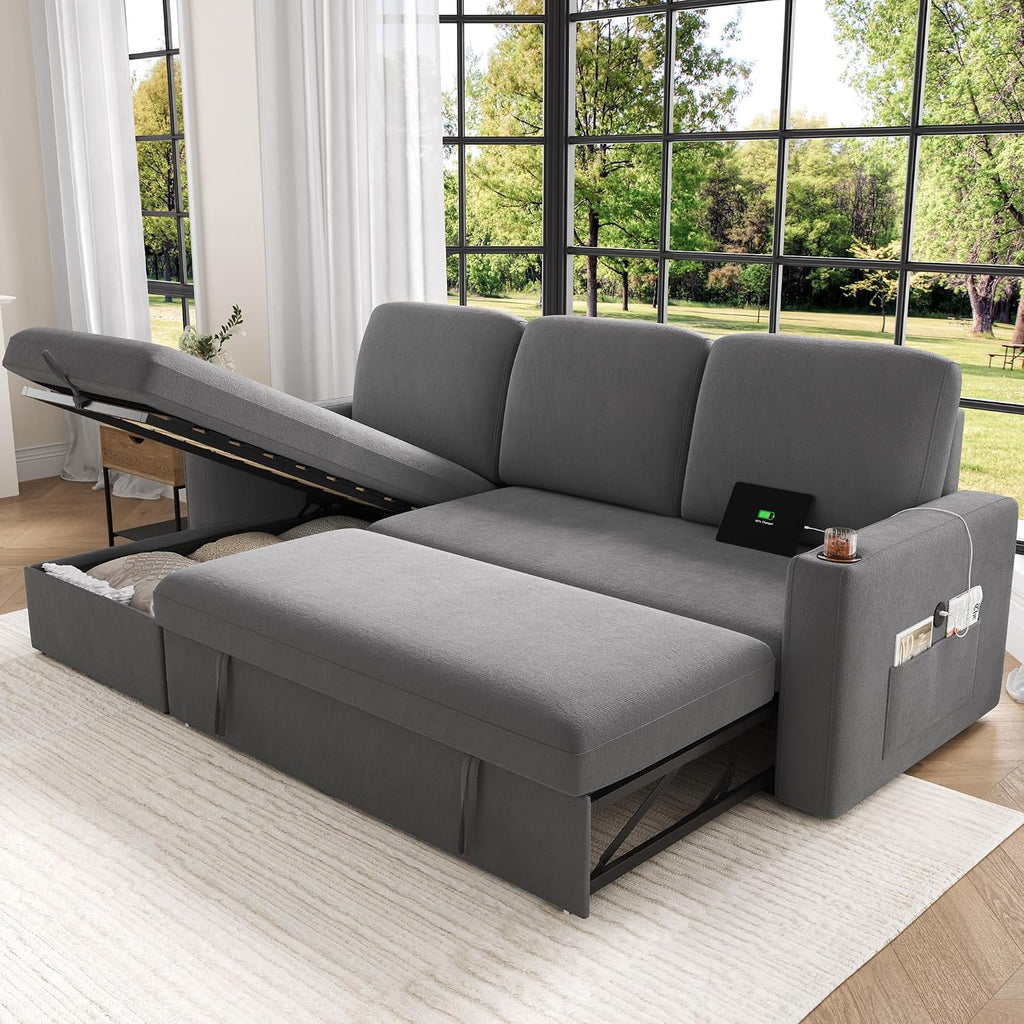 Keyluv 87' Pull Out Sleeper Sofa Bed with Storage Chaise, Reversible 2 in 1 Sectional Sofa Bed with Charging Station and Cup Holder, L-Shaped Sofa Couch for Living Room, Velvet Dark Gray
