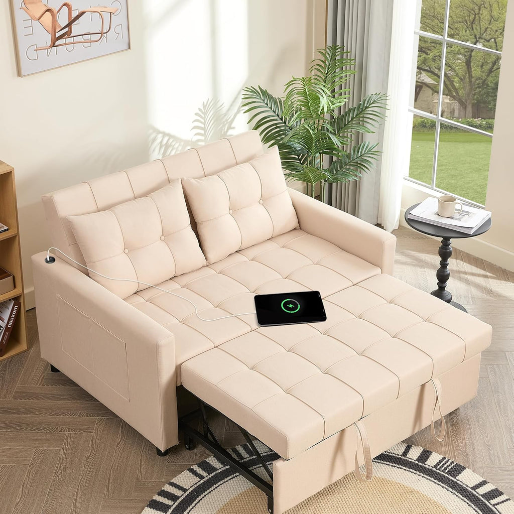 GOSUHI 52' Sleeper Sofa with Pull-Out Bed, 3-in-1 Convertible Sofa Bed, Set of Loveseat with Stepless Adjustable Backrest and Side Pocket, for Living Room Dorm Apartment, Linen, Beige