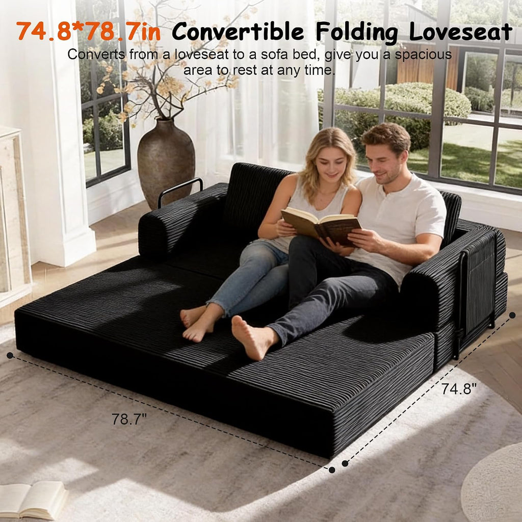 78' Convertible Sofa Bed, 5-in-1 Boneless Sleeper Sofa with with Fixed Frame & Pocket, Corduroy Pull Out Couch with 2 Pillows, Couch Bed for Living Room, Small Spaces, Bedroom, No Assembly
