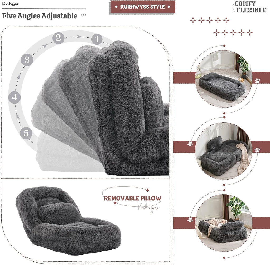 Upholstered Human Dog Bed for Adult & Pets, Convertible Lazy Sofa Bed with 5 Adjustable Position, Comfy Tatami Bean Bag Lounge Chair with a Soft Pillow for Bedroom Living Room (Dark Gray Fluffy)