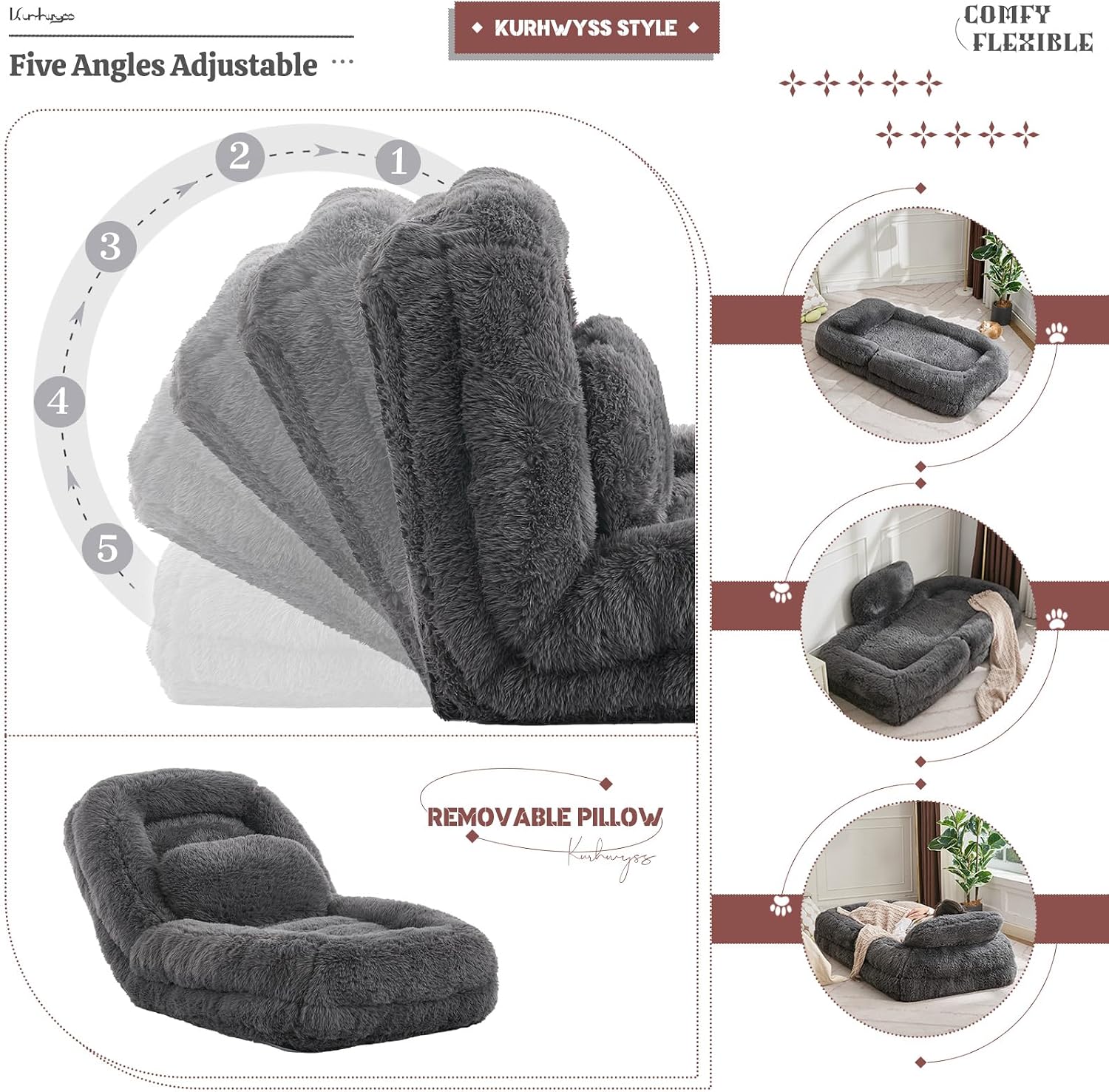 Upholstered Human Dog Bed for Adult & Pets, Convertible Lazy Sofa Bed with 5 Adjustable Position, Comfy Tatami Bean Bag Lounge Chair with a Soft Pillow for Bedroom Living Room (Dark Gray Fluffy)
