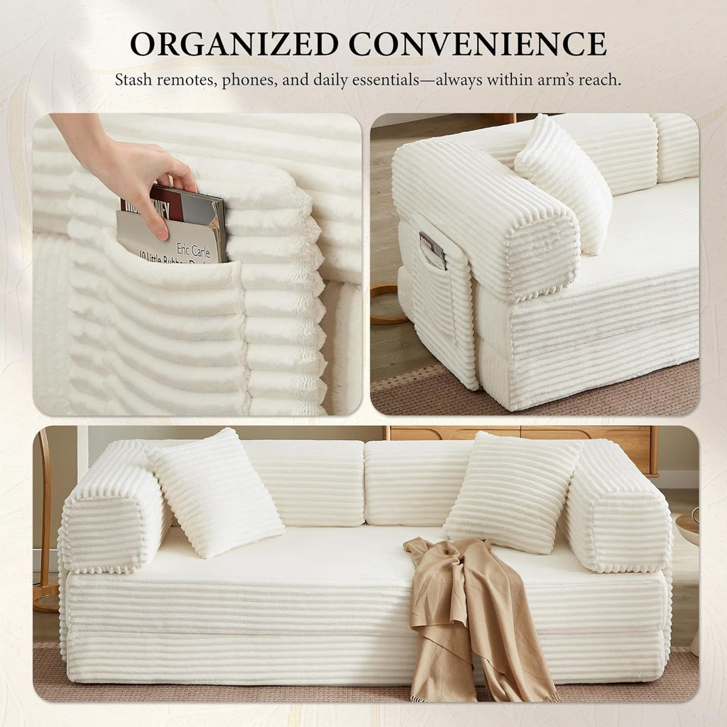 AUGOP Boneless Couch Folding Couches for Living Room Sofa, Futon Sofa Bed with Sleeper Sofa, Futon Couch with Fixed-Shape Oversized Corduroy Upholstered (White, 81 Inches)