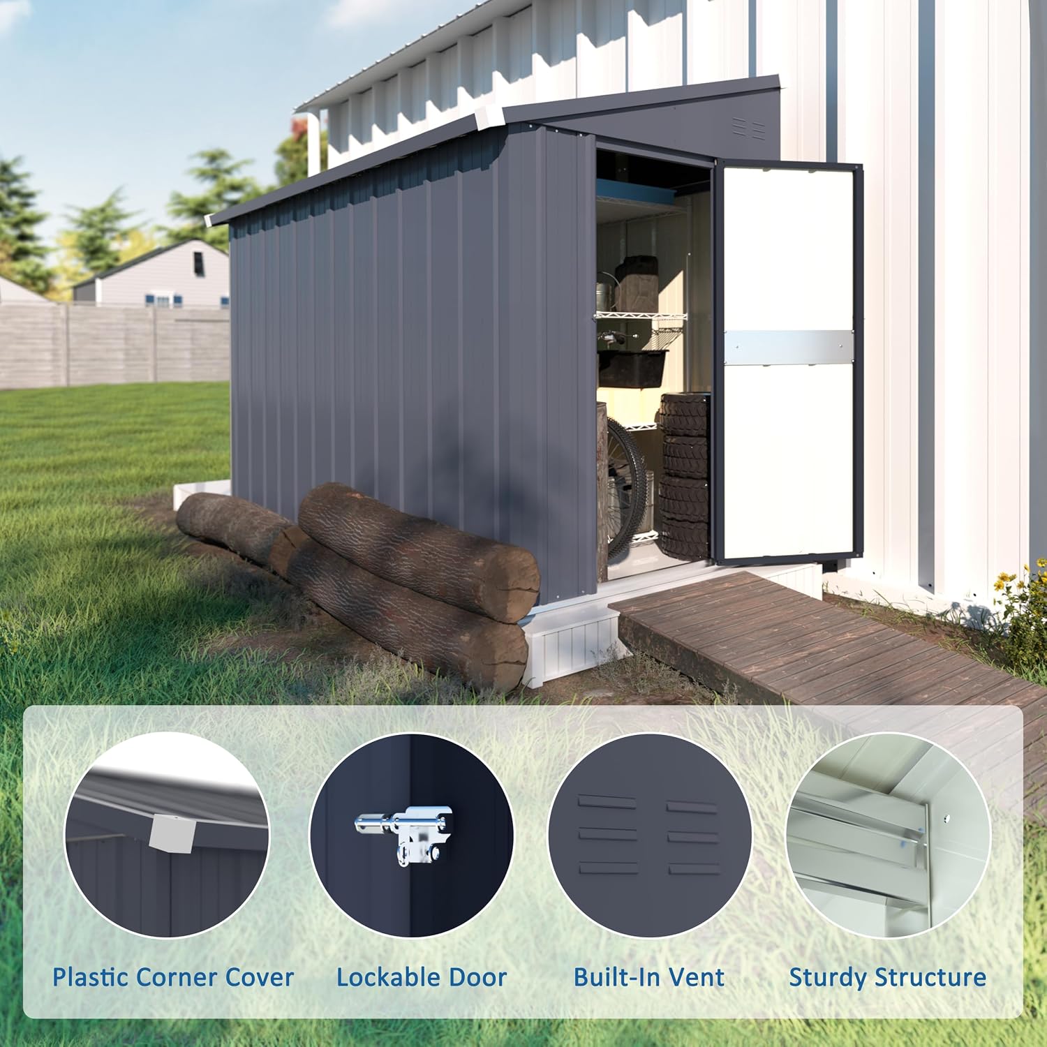 BlueWish 4'x8' Metal Storage Shed, Lean-to Tool Shed with Galvanized Sloped Roof, Small Shed Kit with Built in Vents, Patio Garden Outdoor Storage Shed for Utility Tool Storage
