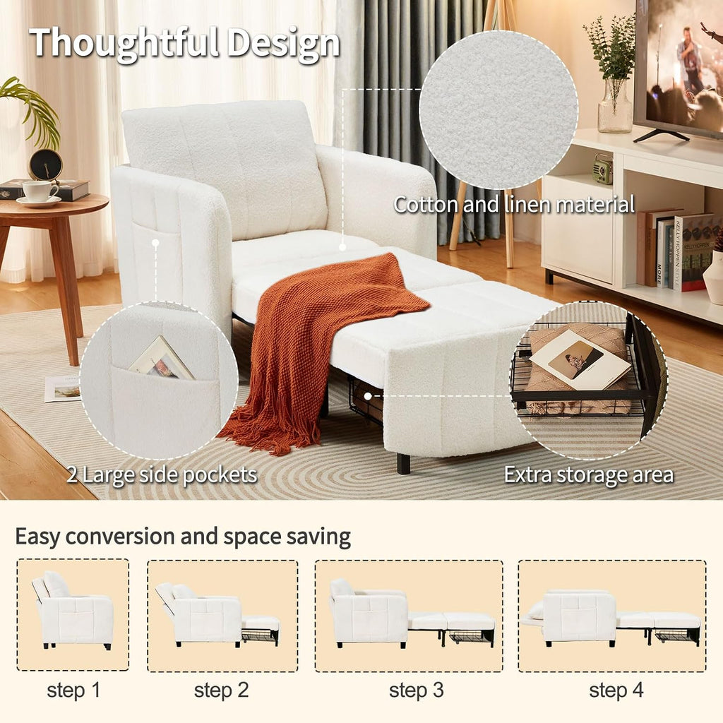 ZZW Sleeper Chair 84' Extra Long Convertible Chair Bed Upgraded 3-in-1 to 4-in-1 Pull Out Chair & Single Sofa Bed for Adult Sleeping Chair for Living Room & Small Space (White)
