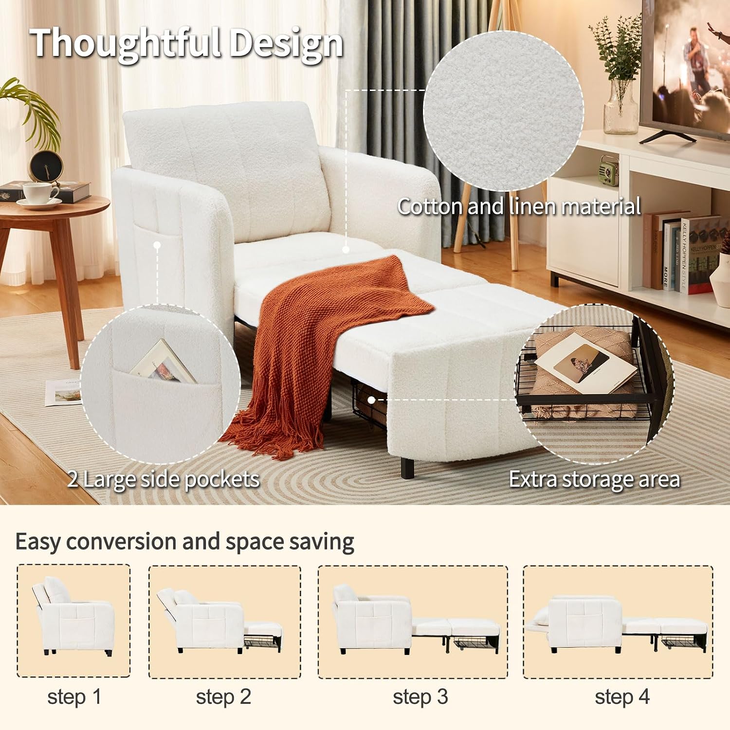ZZW Sleeper Chair 84' Extra Long Convertible Chair Bed Upgraded 3-in-1 to 4-in-1 Pull Out Chair & Single Sofa Bed for Adult Sleeping Chair for Living Room & Small Space (White)