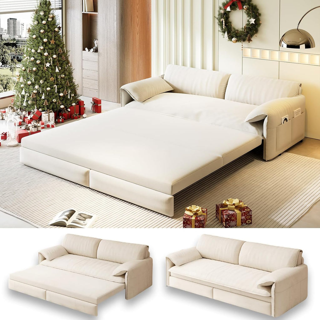 63.8' Sofa Bed Queen Size, Pull Out Couch Bed, 3-in-1 Convertible Sleeper Sofa with Side Pocket, Modern Velvet Futon Couch for Living Room, Small Space, Apartment, Bedroom, Beige