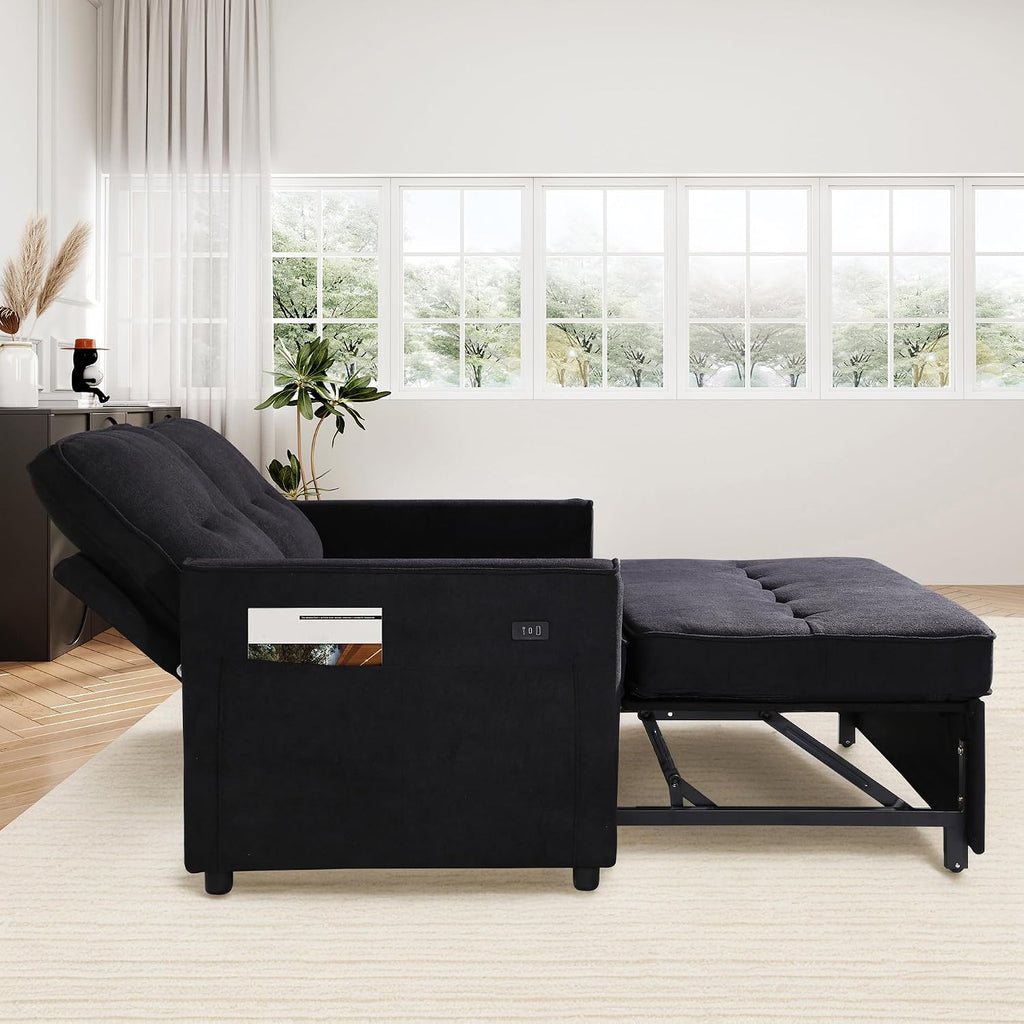 EJUNQ Pull Out Couch, Convertible Sofa Bed with USB and Reclining Backrest, Modern 3 in 1 Sleeper Sofa Couch Bed with Side Pockets, Comfortable Loveseat Sleeper for Small Spaces.(Black)
