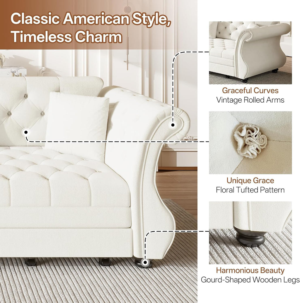 97.6' Oversized Pull Out Sofa Bed, Chesterfield Velvet Sleeper Sofa Couch with Roll Arm & Flower Tufting, Heavy Duty Metal Frame Convertible Sofa for Living Room, Apartment, Guest Room, Beige | Pull Out, Roll Arm, Flower Tufting, Convertible