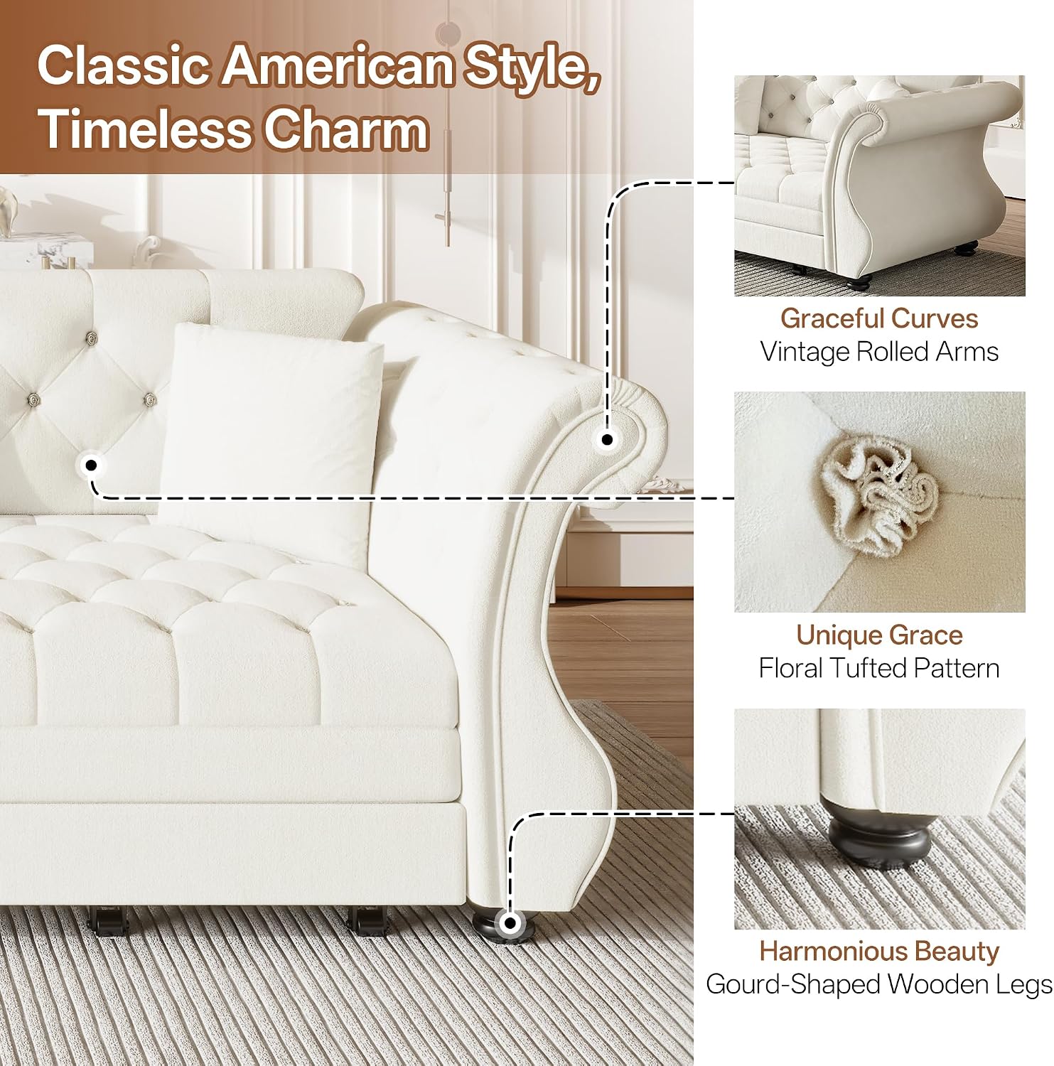 97.6' Oversized Pull Out Sofa Bed, Chesterfield Velvet Sleeper Sofa Couch with Roll Arm & Flower Tufting, Heavy Duty Metal Frame Convertible Sofa for Living Room, Apartment, Guest Room, Beige | Pull Out, Roll Arm, Flower Tufting, Convertible
