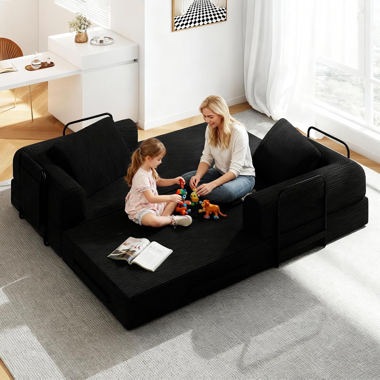 78'' Sleeper Couch Bed for Living Room, Convertible Modular Sofa with Fixed Frame and Side Pocket, Corduroy Futon Boneless Couches in a Box, No Assembly, Black