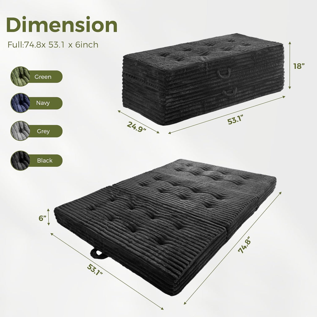 MAXYOYO Folding Sofa Couch Bed, 6 Inch Tri-Fold Floor Sofa Bed, Folding Mattress with Handles, Soft Faux Fur Folding Bed with Supportive Foam Filling, Portable Couch for Living Room, Full, Black
