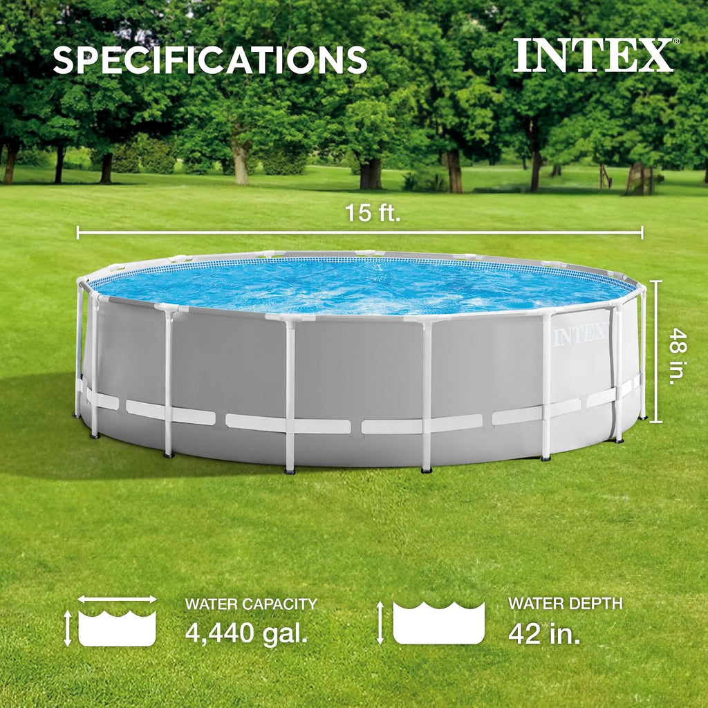 Intex Prism Frame 15' x 48' Above Ground Swimming Pool Set with Filter Pump, Ladder, Pool Cover, and Maintenance Pool Cleaning Kit with Vacuum Skimmer