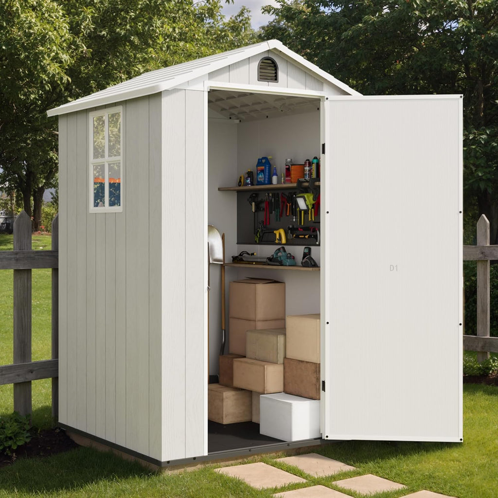 Greesum 4x4FT Plastic Storage Shed with Floor, Resin Outdoor Storaged Sheds with Lockable Door, All Weather Durable Tool Shed with Window and Vent, for Garden, Patio, Backyard, Light Gray