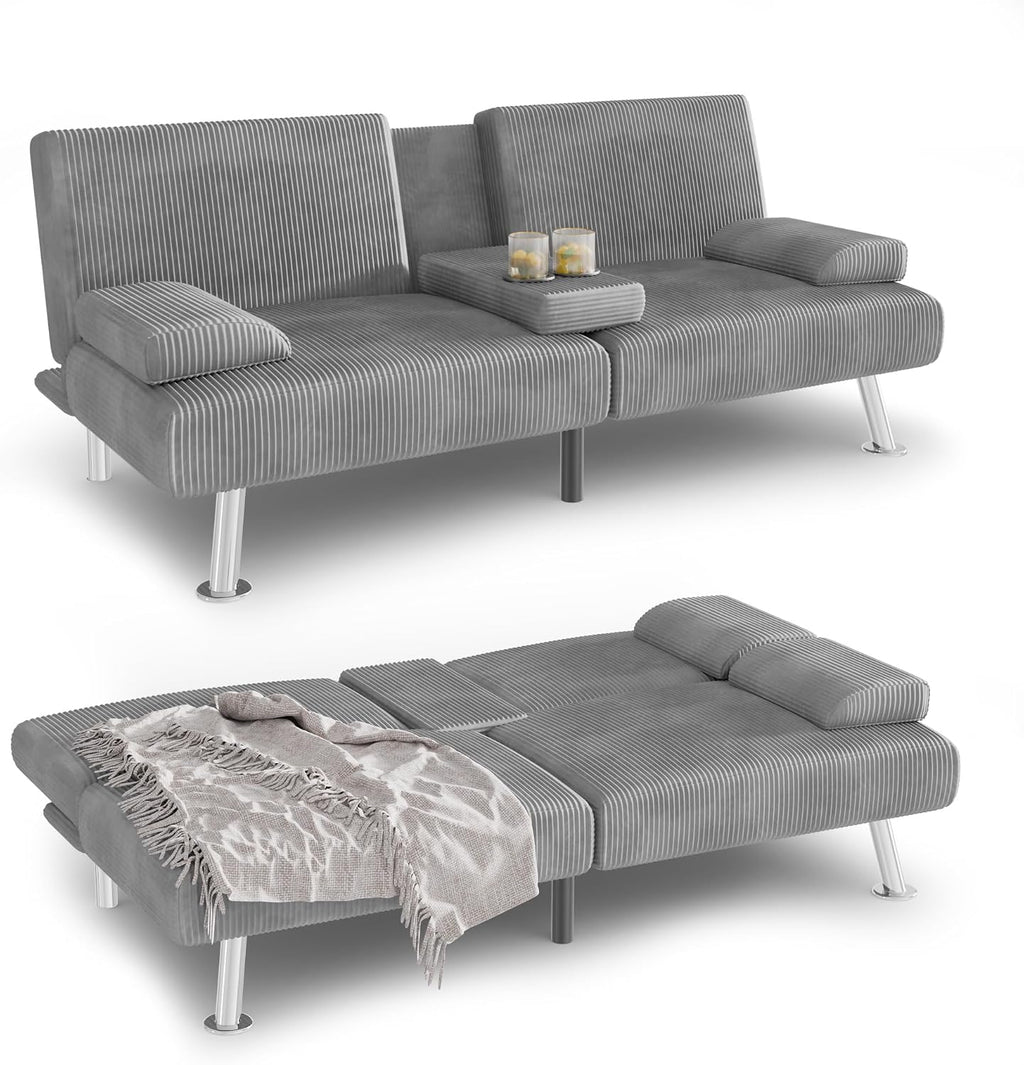 YESHOMY Futon Sofa Bed, Futon Couch with Adjustable Backrest, Convertible Sleeper Sofa with Removable Armrests, Loveseat in Corduroy with 2 Cup Holders for Living Room, Apartment (Grey)