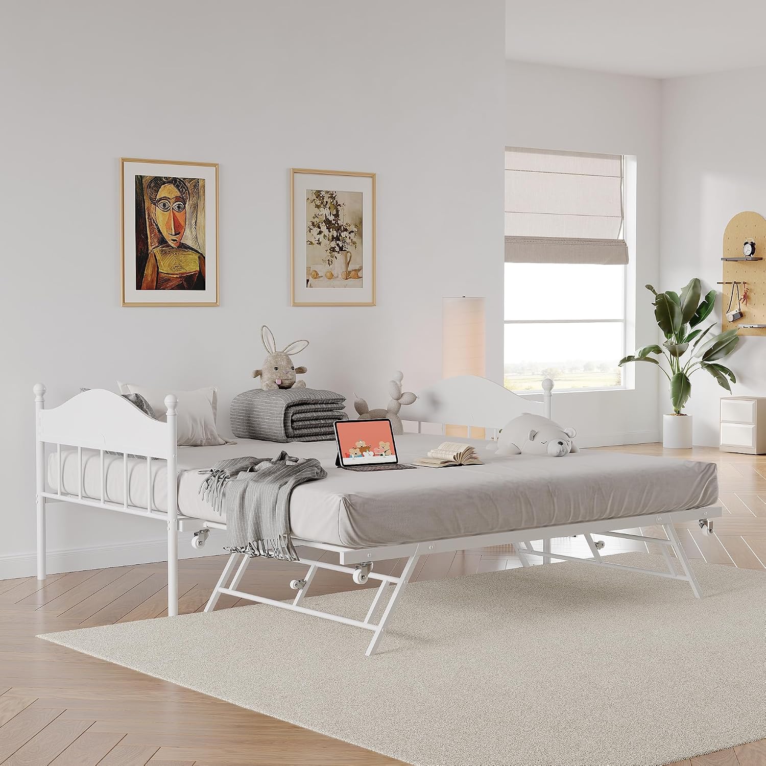 Daybed with Trundle, Metal Twin Size Day Bed with Stylish Headboard, Sofa BedFrame with Pop Up Foldable Trundle Bed, Heavy Duty Steel Slats Platform for Living Room, Bedroom and Guest Room, White